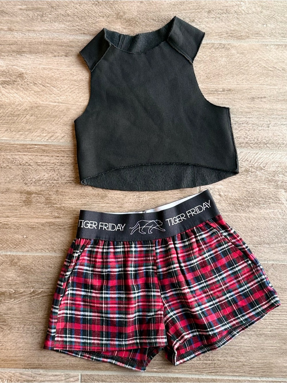 Tiger Friday Plaid Lounge Shorts with Black Cropped Tank